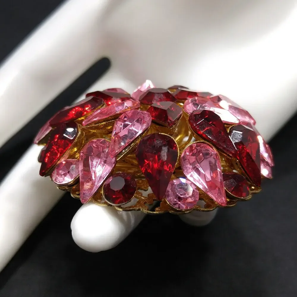 Red & Pink Domed Rhinestone Brooch, Gold Plated Filigree Backing, 1950s Vintage